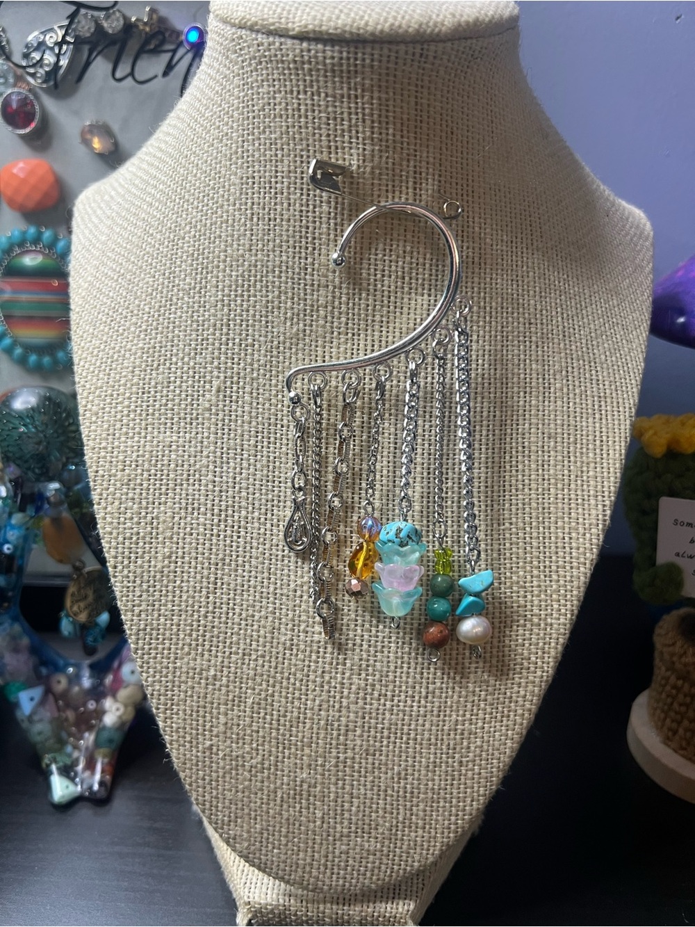 #224. Handmade Up Cycled Silver Chain Turquoise Bead Ear Cuff One of a Kind✨